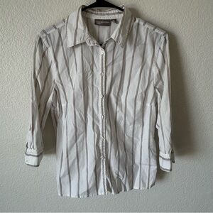 Croft & Barrow Academia 3/4 Sleeve White Button Down with Brown, Beige Stripes